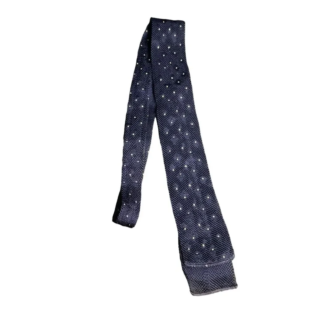 #6878 Handmade Knit Navy Blue Tiny White Hearts Mens Necktie, Tie 2.25 in wide